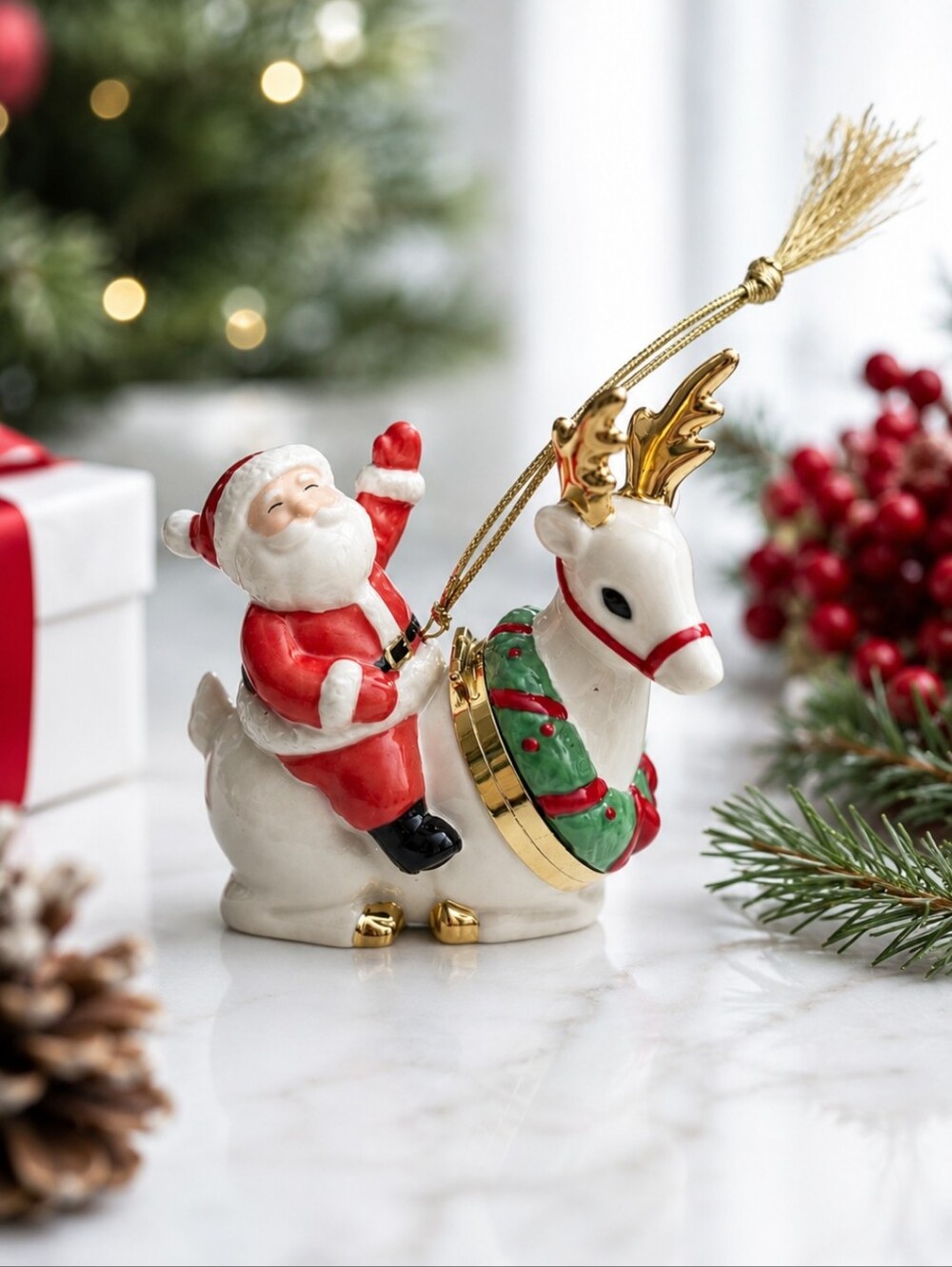 Santa & Reindeer Porcelain Hinged Trinket Box Christmas Collectible with Tassel